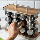 Porta Tempero de AÇO INOX HORINZONTAL com 12 Potes de Vidro + Suporte - Homeland
